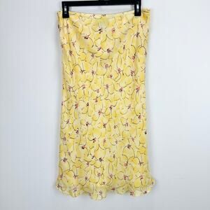Vintage Ann Taylor 100% Silk Slip Skirt Floral Yellow Knee Length Resort US 6